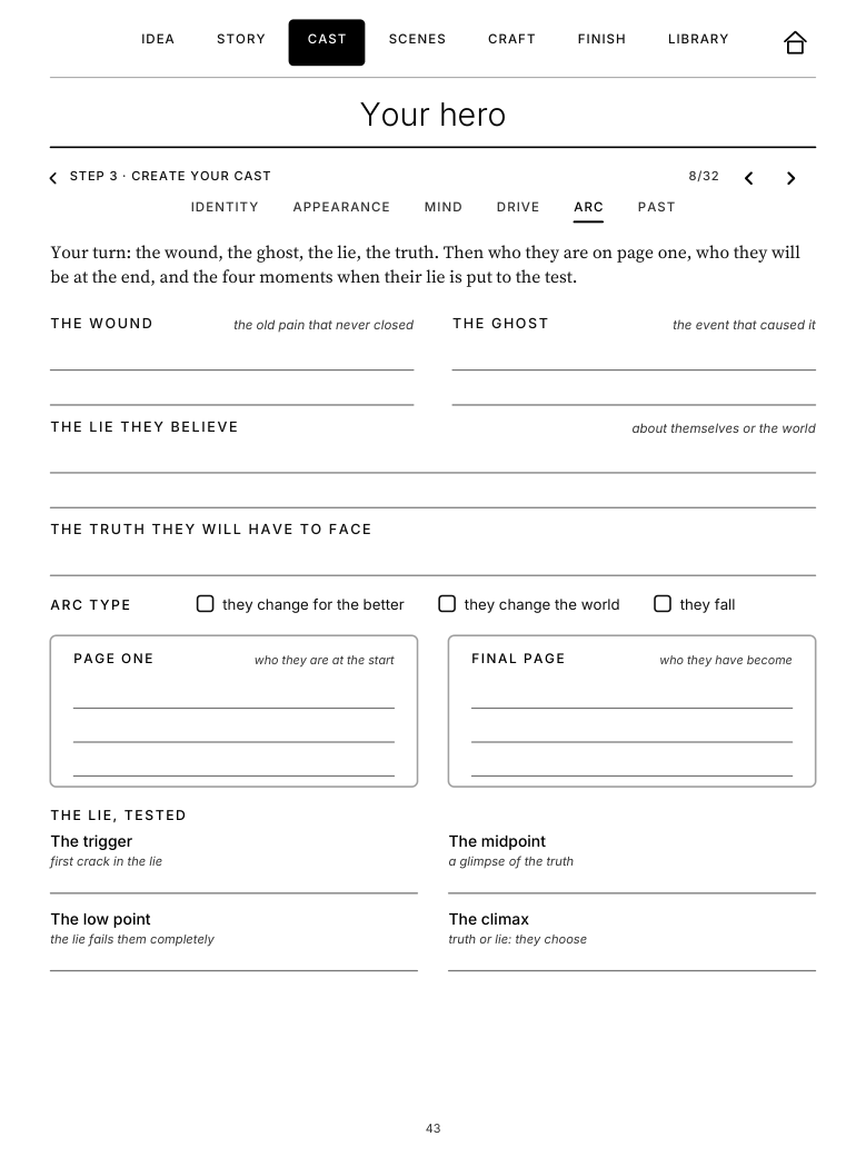 “Your hero · Their arc” sheet: wound, ghost, lie, truth, page one and final page