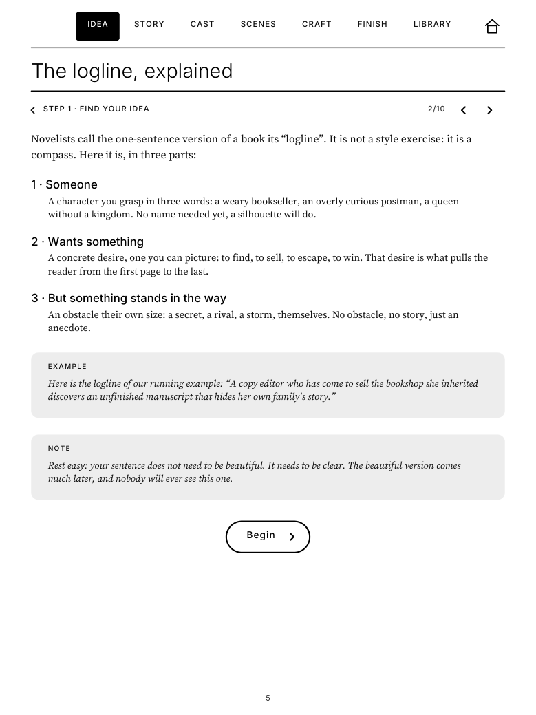 “The logline, explained” page: the notion in three parts, Elise's example and the Begin button
