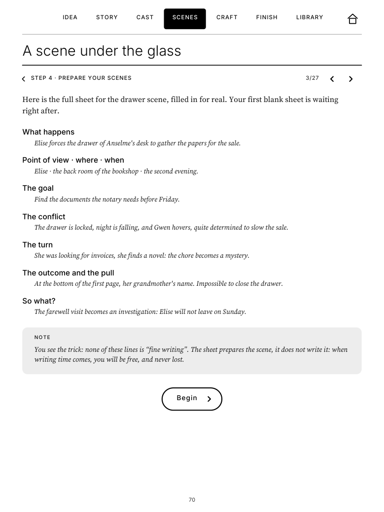 “A scene under the glass” page: the drawer scene's sheet, filled in line by line