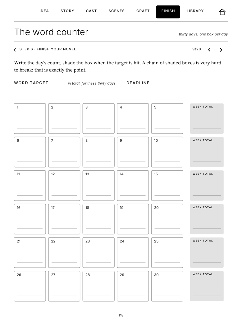 The word counter: a thirty-day grid with weekly totals