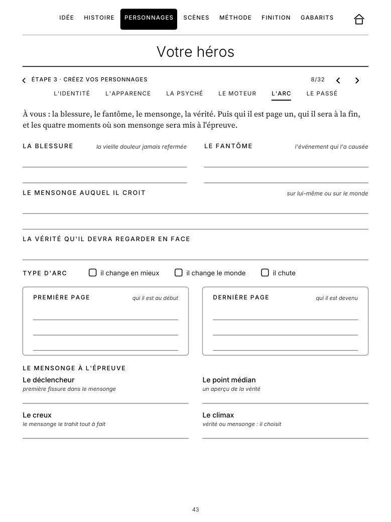 Fiche « Votre héros · Son arc »&nbsp;: blessure, fantôme, mensonge, vérité, première et dernière page