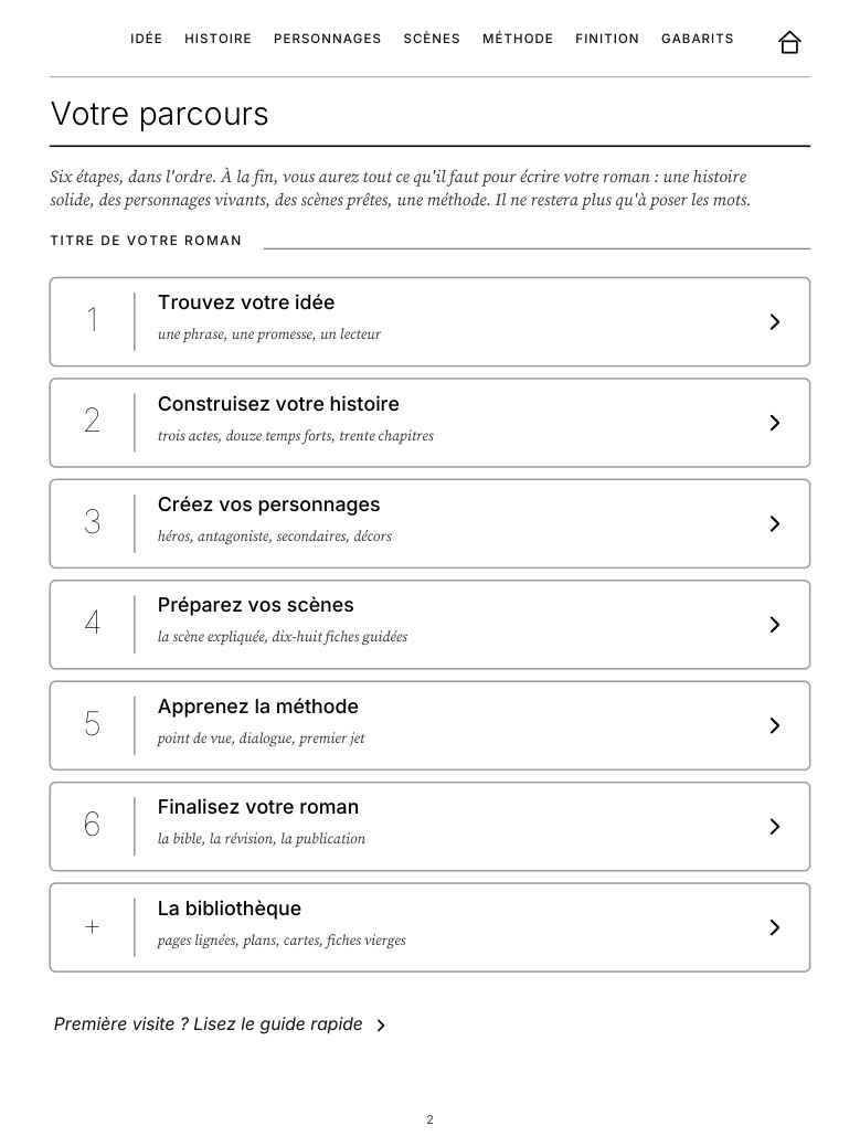 L'accueil « Votre parcours » du Kit du Romancier affiché sur une tablette reMarkable&nbsp;: six grandes étapes cliquables et la bibliothèque