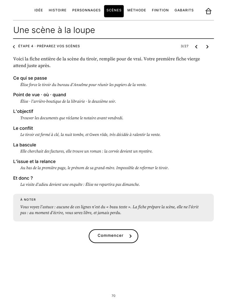 Page « Une scène à la loupe »&nbsp;: la fiche de la scène du tiroir, remplie rubrique par rubrique