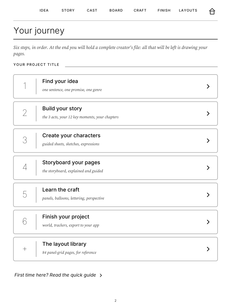 The Comics & Manga Maker's Kit home page on a reMarkable tablet: the six-step journey, from Find your idea to Finish your project