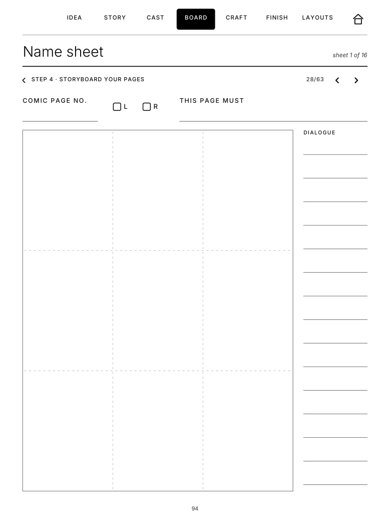 Name sheet: large storyboard area with a dialogue column
