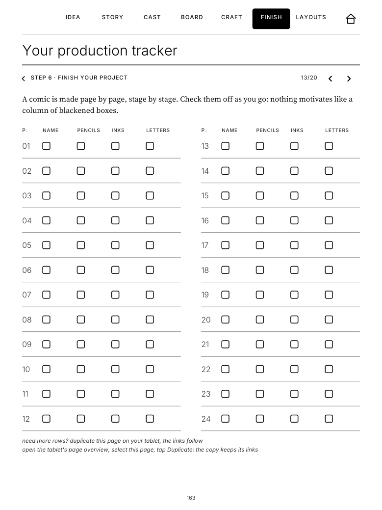 Production tracker: 24 pages with checkboxes for name, pencils, inks, letters