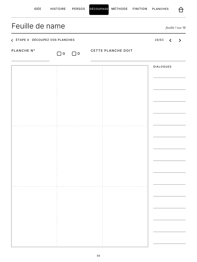Feuille de name&nbsp;: grande zone de storyboard avec colonne de dialogues