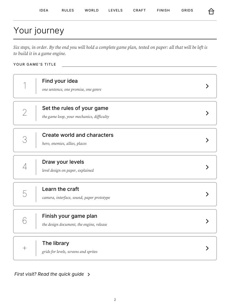 The Game Designer's Kit home page on a reMarkable tablet: the six-step journey, from Find your idea to Finish your game plan