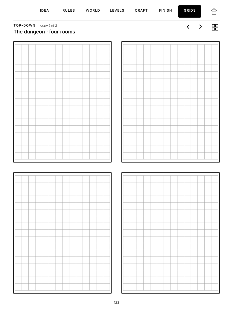 The four-room dungeon: grids ready to draw on