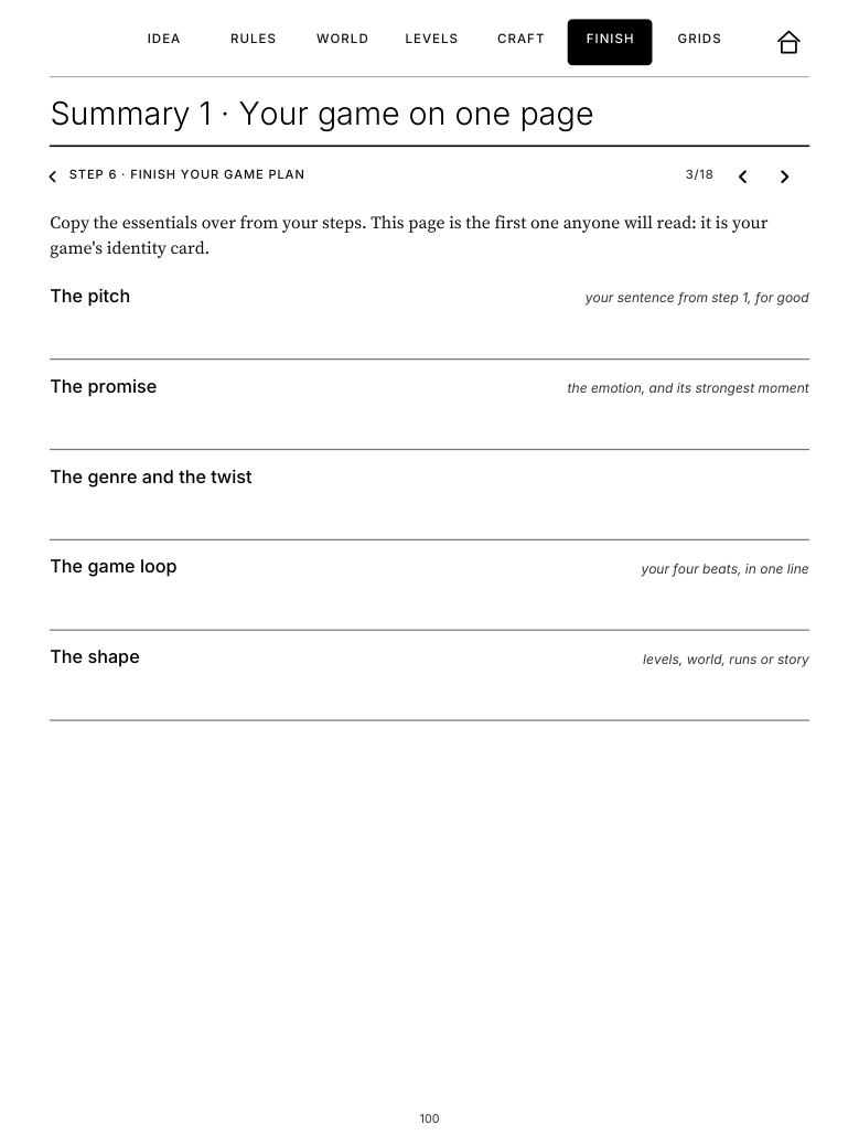 Summary 1: your game on one page, the plan's identity card