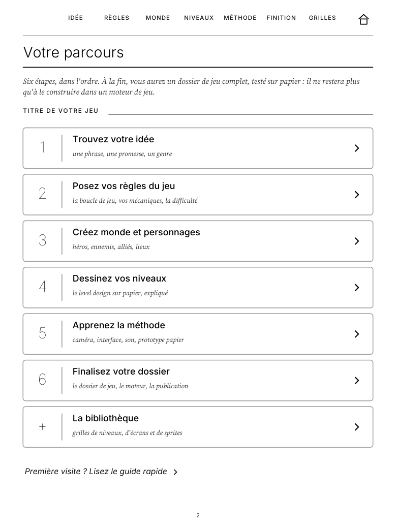 La page d'accueil du Kit du Créateur de Jeu Vidéo sur une tablette reMarkable&nbsp;: le parcours en six étapes, de Trouvez votre idée à Finalisez votre dossier